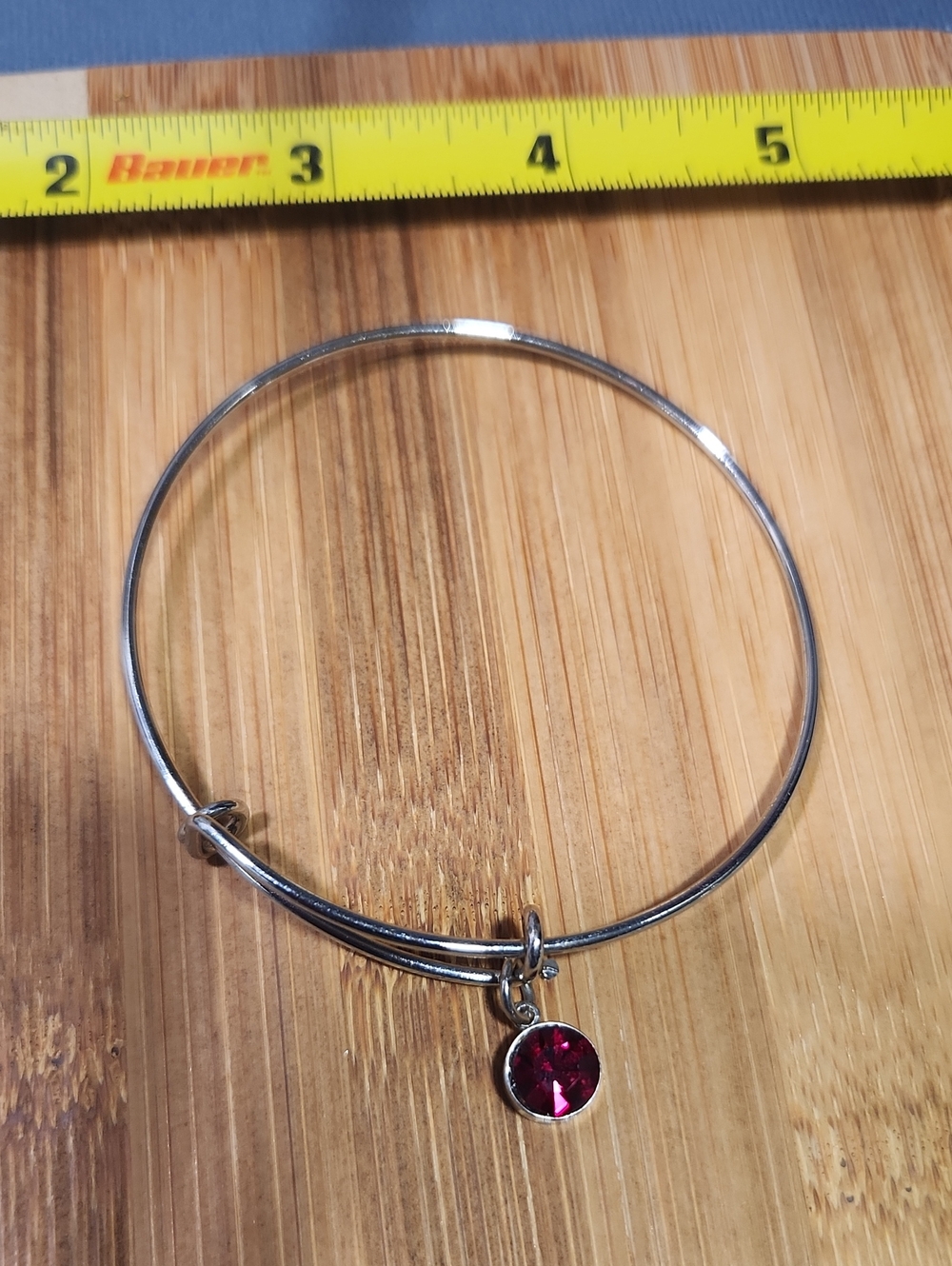 Silver Tone Bangle Bracelet with Red Crystal Charm - Women's Jewelry